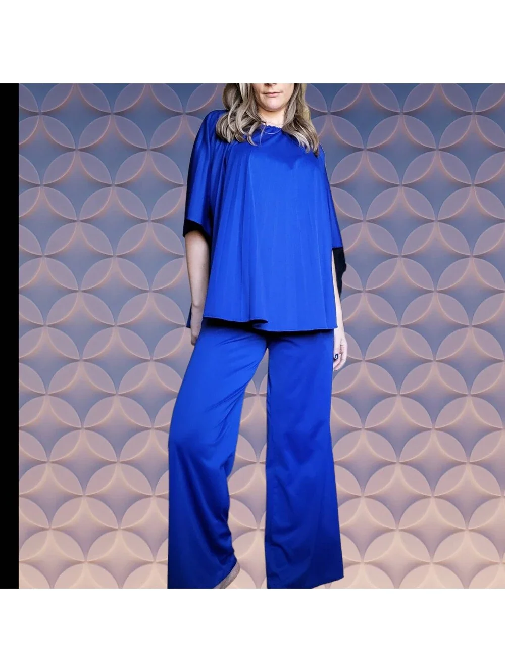 Vintage 70's Disco Bat Wing Blouse Blue 2 Pc Set Top Pants Accordian Pleat M L